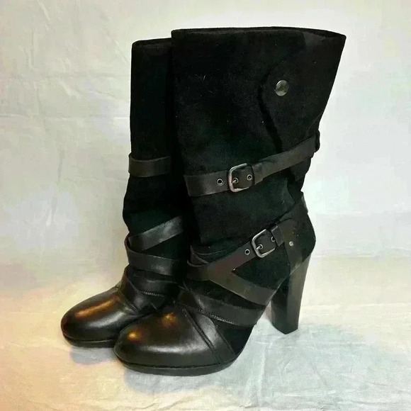 Stuart Weitzman Wraparound Black Leather Suede Strap Boots - Picture 6 of 12